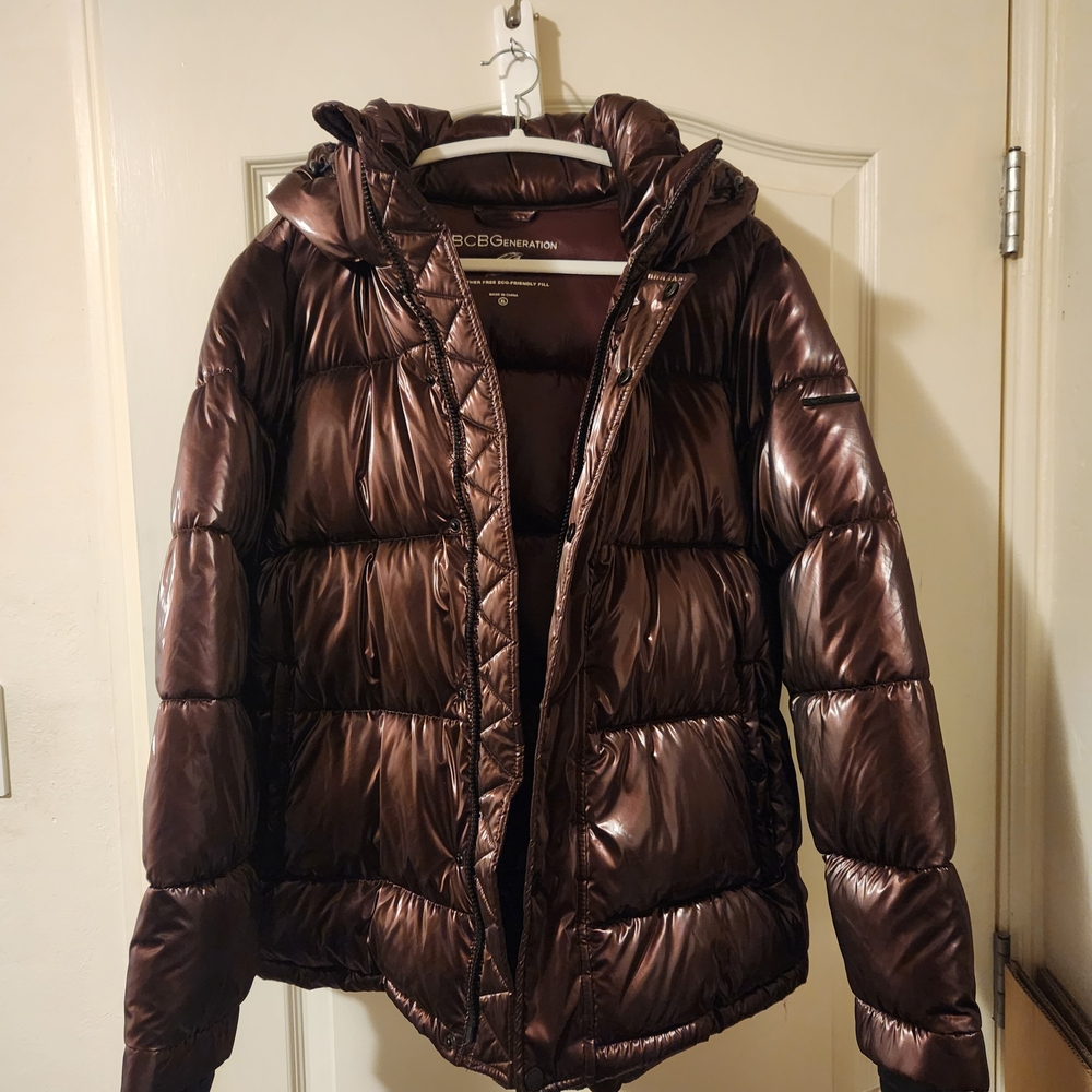 NWT BCBGeneration Feather Free Hooded Puffer Jacket XL in Liquid Raisin